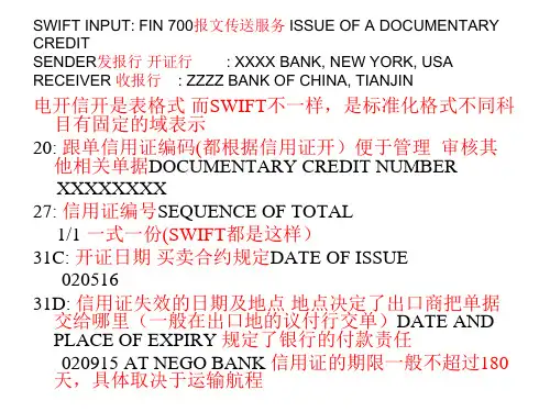 SWIFT形式的信用证