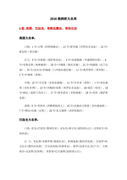 2016美洲杯大名单