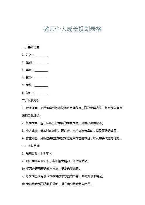 教师个人成长规划表格