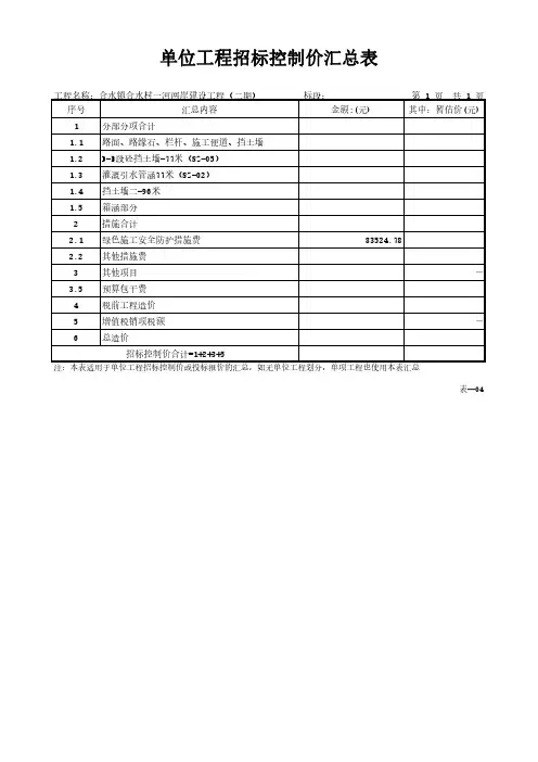 单位工程招标控制价汇总表