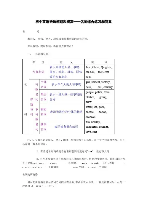 (完整word)初中英语语法梳理和提高——名词综合练习和答案