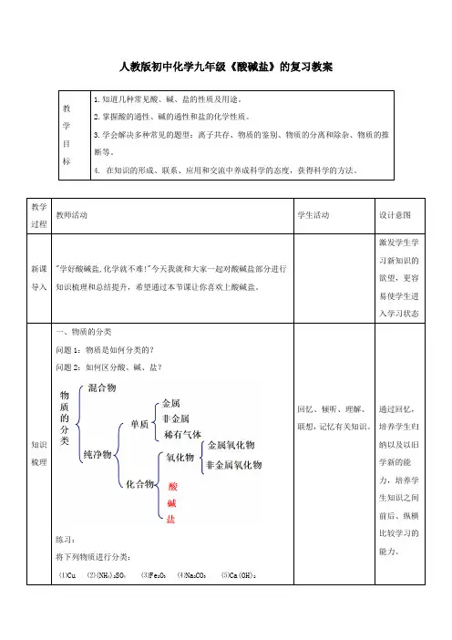 人教版初中化学九年级 酸碱盐复习教案设计