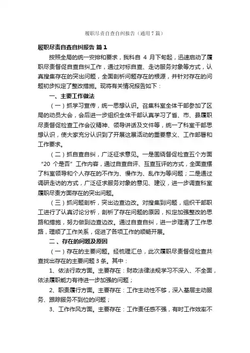 履职尽责自查自纠报告（通用7篇）