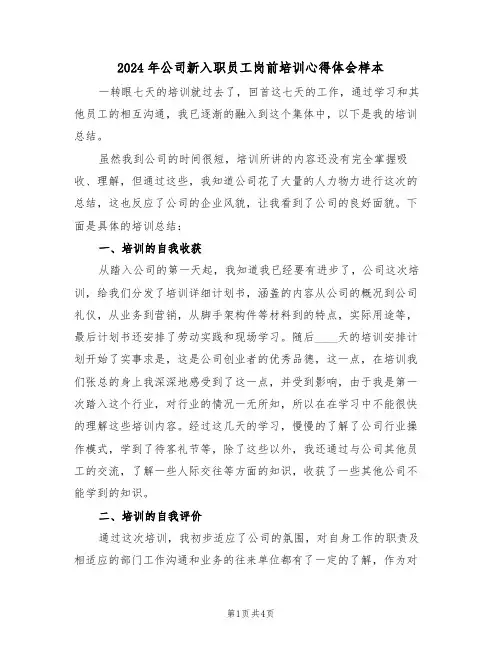 2024年公司新入职员工岗前培训心得体会样本(2篇)