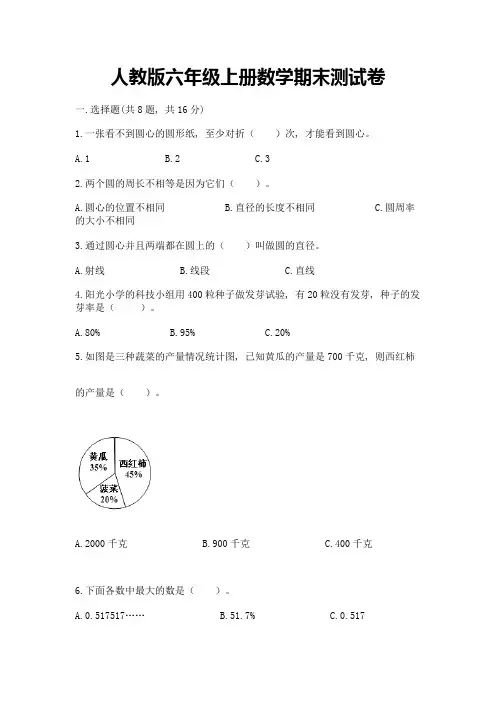 人教版六年级上册数学期末测试卷含答案(综合卷)