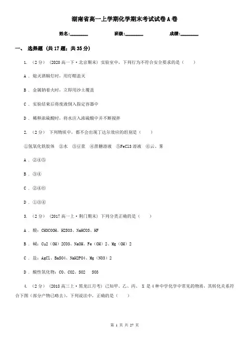 湖南省高一上学期化学期末考试试卷A卷(精编)
