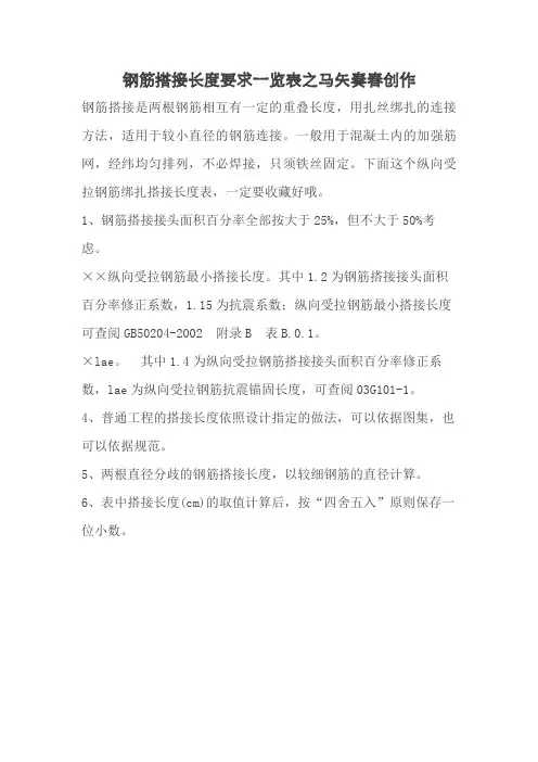 钢筋搭接长度要求一览表