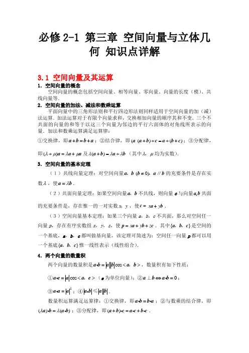 必修2-1 第三章 空间向量与立体几何 知识点详解