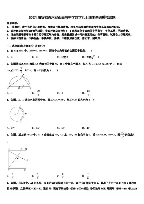 2024届安徽省六安市皋城中学数学九上期末调研模拟试题含解析