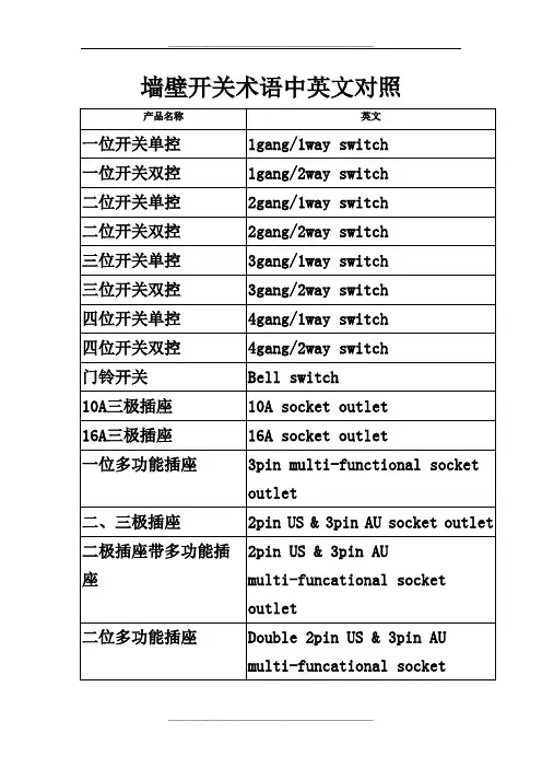 墙壁开关术语中英文对照