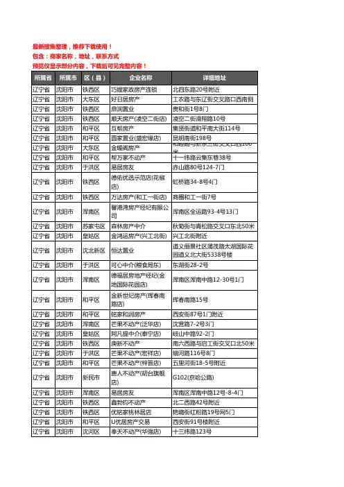 新版辽宁省沈阳市房屋中介企业公司商家户名录单联系方式地址大全6118家