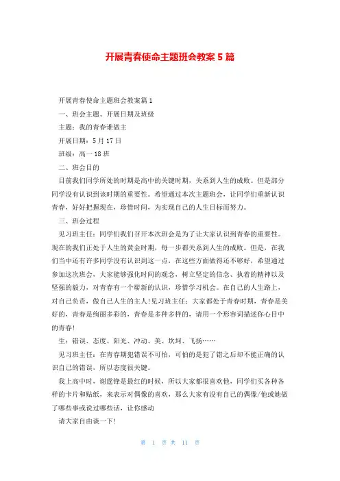 开展青春使命主题班会教案5篇