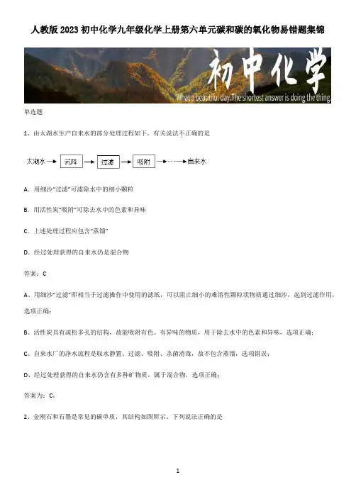 人教版2023初中化学九年级化学上册第六单元碳和碳的氧化物易错题集锦