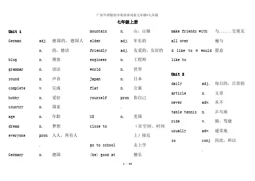 广州牛津版初中英语单词表七年级-九年级