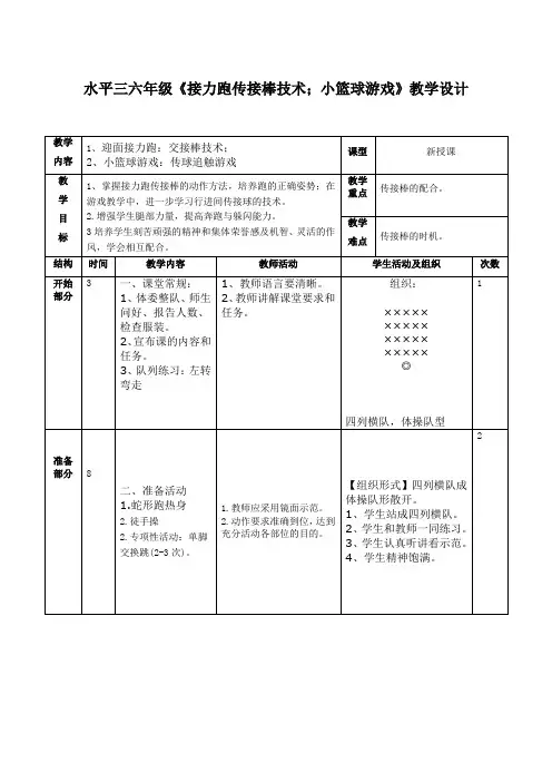 接力跑传接棒技术;小篮球游戏(教案)人教版体育六年级上册