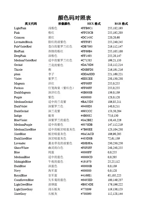 颜色16进制对照表