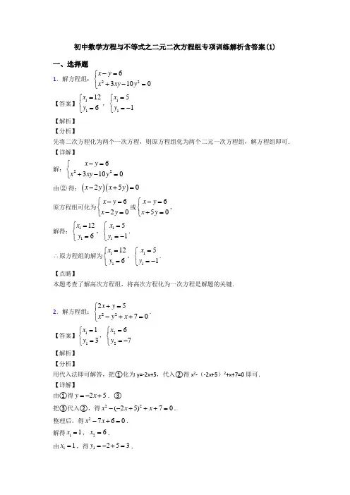 初中数学方程与不等式之二元二次方程组专项训练解析含答案(1)