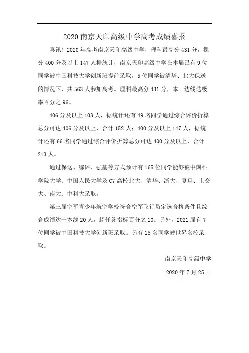 2020南京天印高级中学高考成绩喜报