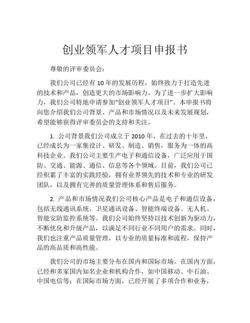 创业领军人才项目申报书