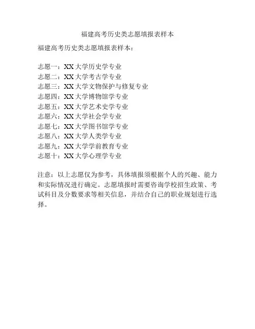 福建高考历史类志愿填报表样本