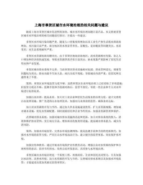 上海市奉贤区城市水环境治理的相关问题与建议