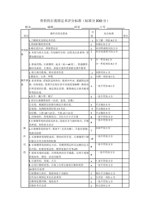 骨折的石膏固定术技术操作考核评分标准