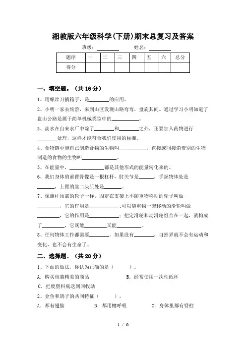 湘教版六年级科学(下册)期末总复习及答案