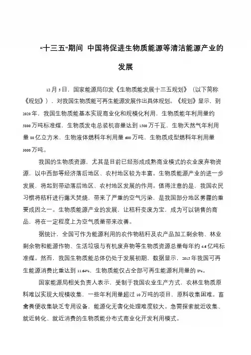 “十三五”期间 中国将促进生物质能源等清洁能源产业的发展