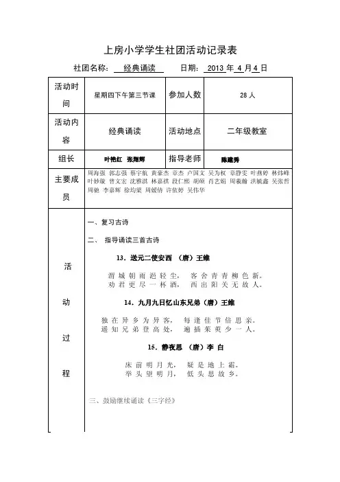 经典诵读社团活动记录表