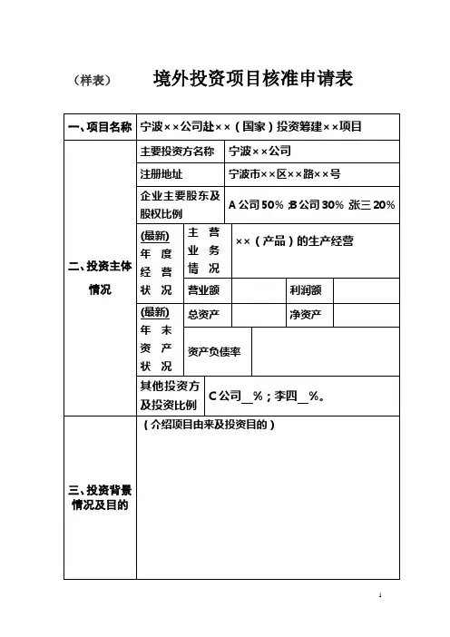 境外投资项目核准申请表
