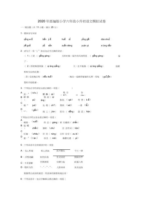 六年级下册语文试卷2020年小升初语文模拟试卷(解析版)部编版