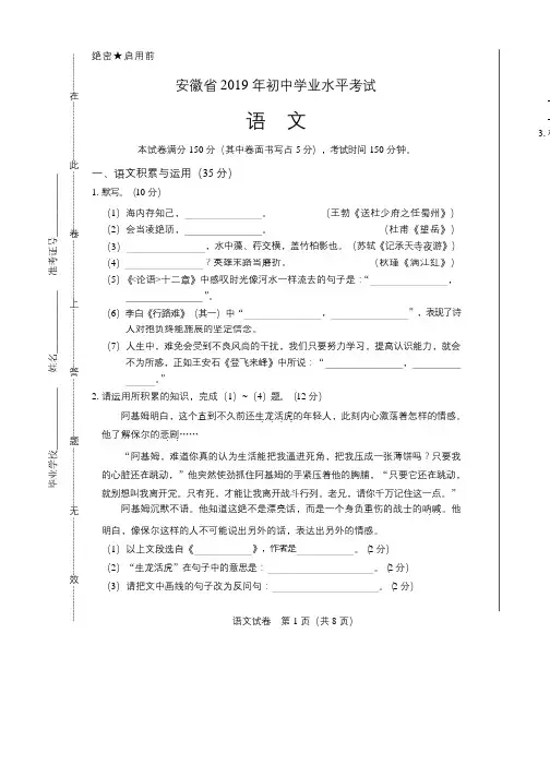 2019年安徽省中考语文试卷含答案