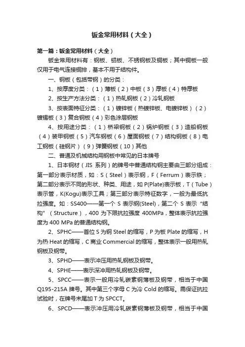 钣金常用材料（大全）