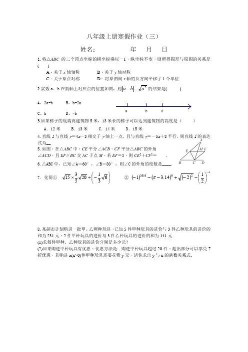 2023-2024学年北师大版八年级上册数学寒假作业三+