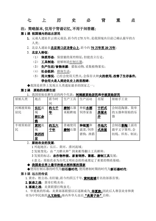 七年级历史背诵重点