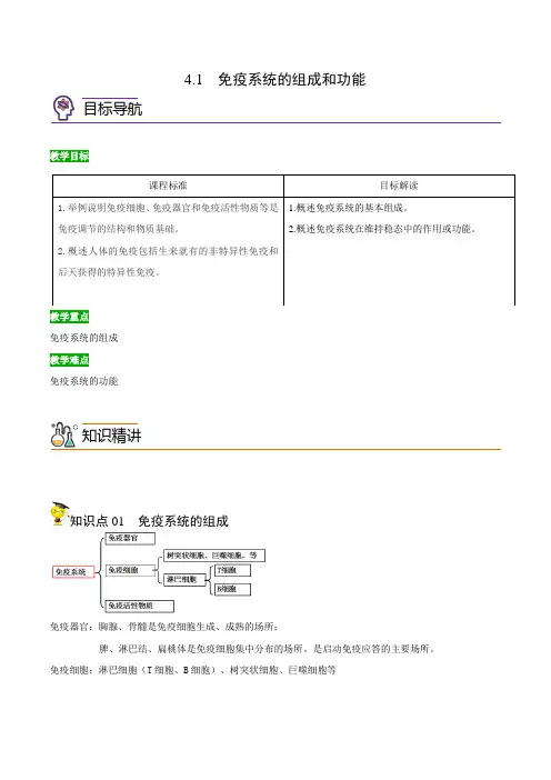 高中生物选择性必修一   4 1 免疫系统的组成和功能(含答案)(同步精品讲义