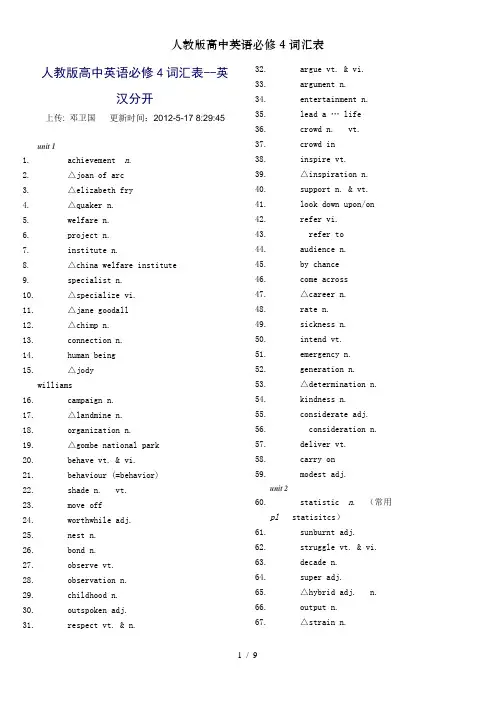 人教版高中英语必修4词汇表