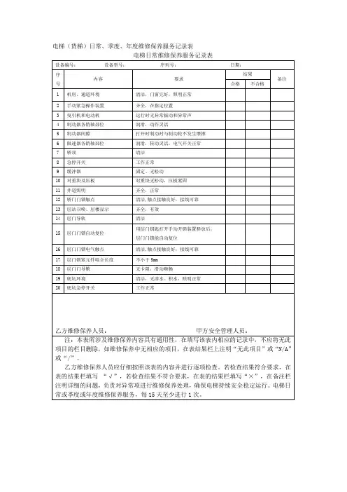 电梯货梯杂物货梯日常季度年度维修保养服务记录表维保记录