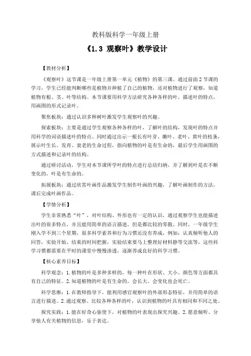 教科版科学一年级上册《1.3 观察叶》教学设计(公开课教案)