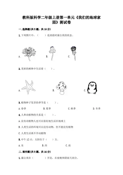 教科版科学二年级上册第一单元《我们的地球家园》测试卷带解析答案