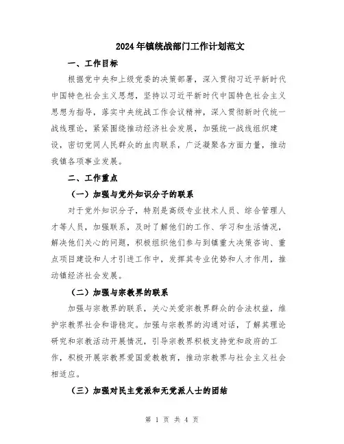 2024年镇统战部门工作计划范文