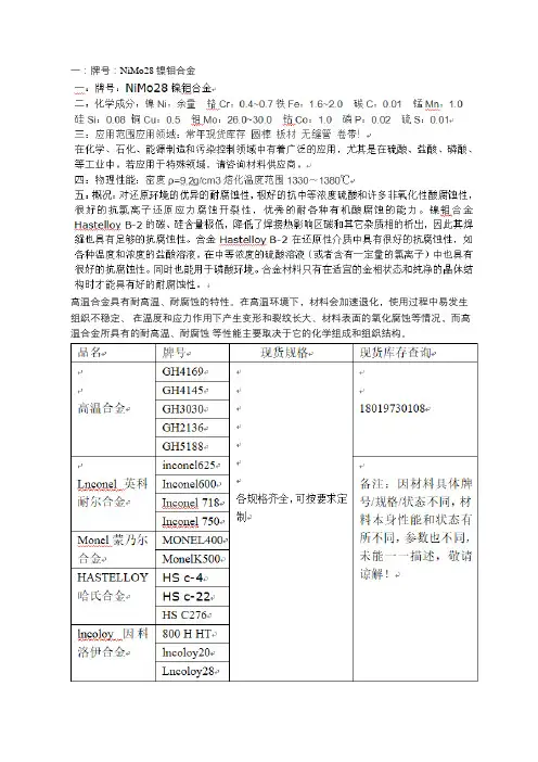 NiMo28高温合金成分NiMo28对应牌号