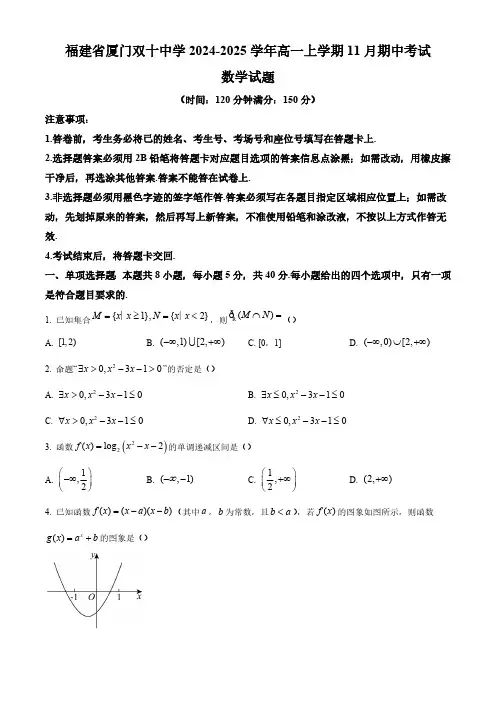 福建省厦门双十中学2024-2025学年高一上学期11月期中考试 数学(含答案)