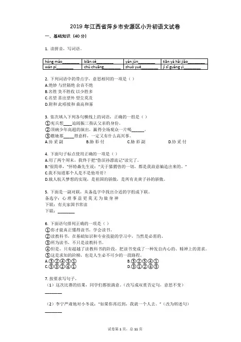 2019年江西省萍乡市安源区小升初语文试卷