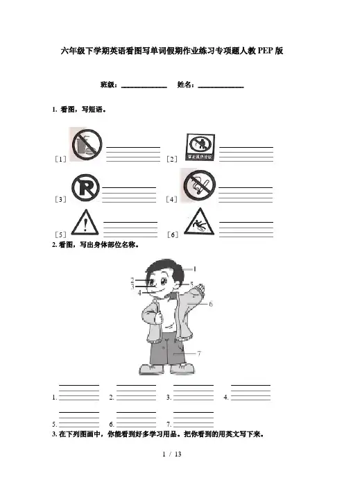 六年级下学期英语看图写单词假期作业练习专项题人教PEP版