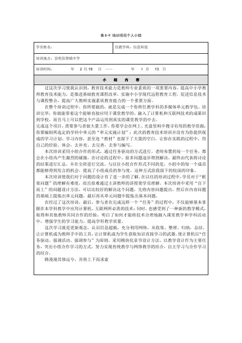 表8-9_培训项目个人小结