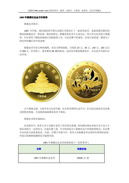 1994年熊猫纪念金币价格表