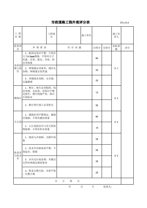 市政道路工程外观评分表 表3-13-4