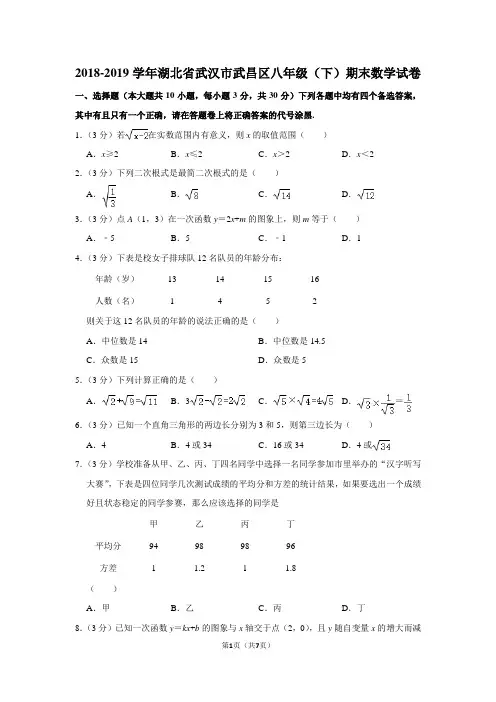 2018-2019学年湖北省武汉市武昌区八年级(下)期末数学试卷