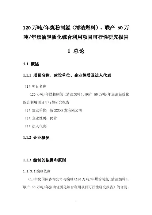 120万吨煤粉制氢(清洁燃料)、联产 50万吨焦油轻质化综合利用项目可行性研究报告